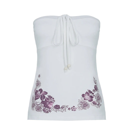 Causal Holiday Style Women Straps Tops Backless Bow Lace Up Slim Flower Prints Fashion Trendy Blouses