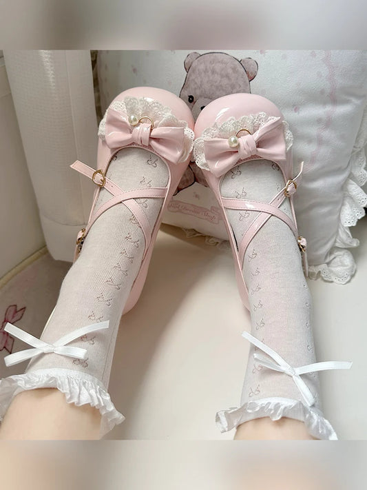 Original Soft Girls Lolita Kawaii Pink Mary Jane Shoes Autumn New Sweet Girl Cute Bow Flats Shoes Lo Tea Party Low Heel Pumps