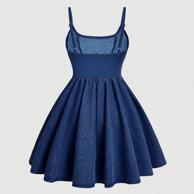 Fresh and Sweet Ladies Denim Slim-fit Halter Dress. Summer New Girlish Wind Casual Lovely Solid Color Denim Patchwork Dresses