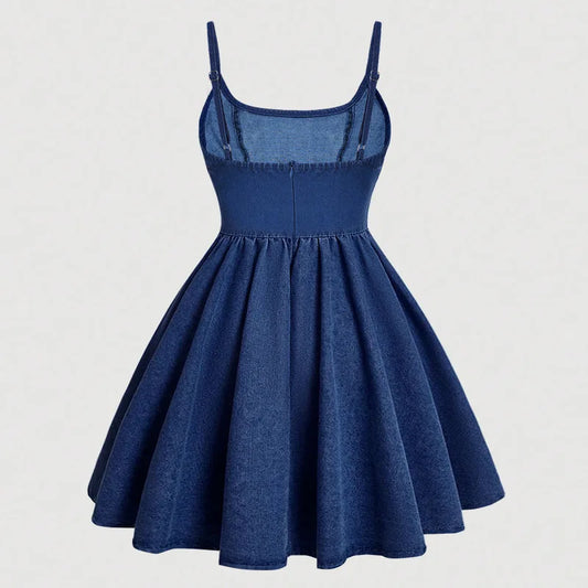 Fresh and Sweet Ladies Denim Slim-fit Halter Dress. Summer New Girlish Wind Casual Lovely Solid Color Denim Patchwork Dresses