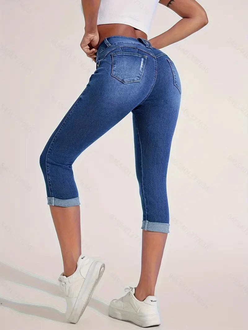 ZMTUO Women's Denim High waisted Capris Rolled Hem Double button Skinny Fit Trendy Casual Summer Essential Jeans