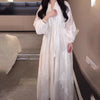 Elegant Flower Embroidery White Maxi Dress Women Stylish Button Lantern Long Sleeve Lace Up Dress Casual Loose Holiday Vestido