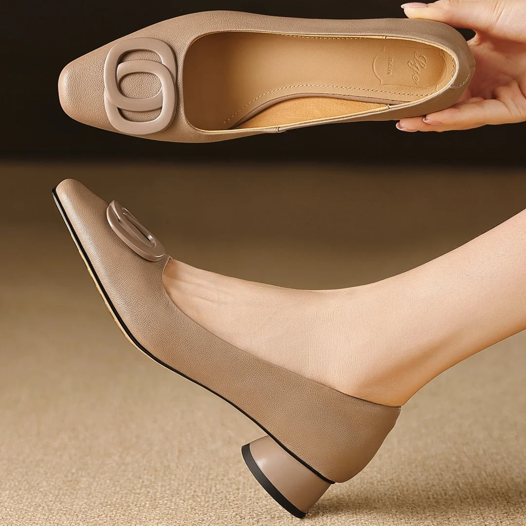 Women's sheepskin square toe metal buckle slip-on pumps elegant ladies 3cm round low heel slim OL style daily dress heeled shoes