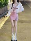 Sweet Sailor Collar Bow Waterproof Mink Knitted Cardigan+ Sexy Slim Fit Sleeveless Vest Dresses 2025 Autumn New Two Piece Sets