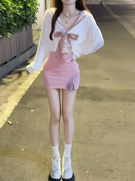Sweet Sailor Collar Bow Waterproof Mink Knitted Cardigan+ Sexy Slim Fit Sleeveless Vest Dresses 2025 Autumn New Two Piece Sets