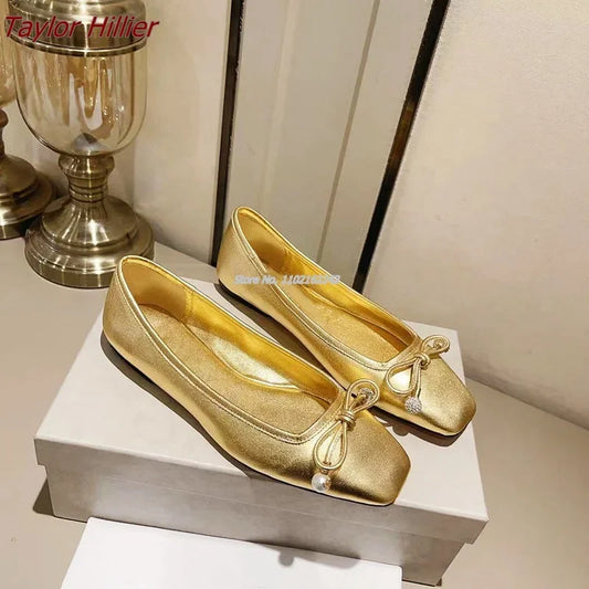 Retro Bow Leather Flat Pumps Casual Square Toe Shallow Mouth Comfortable Gold Ballet Shoes Fashion Stage Large Size Women'S Shoe
