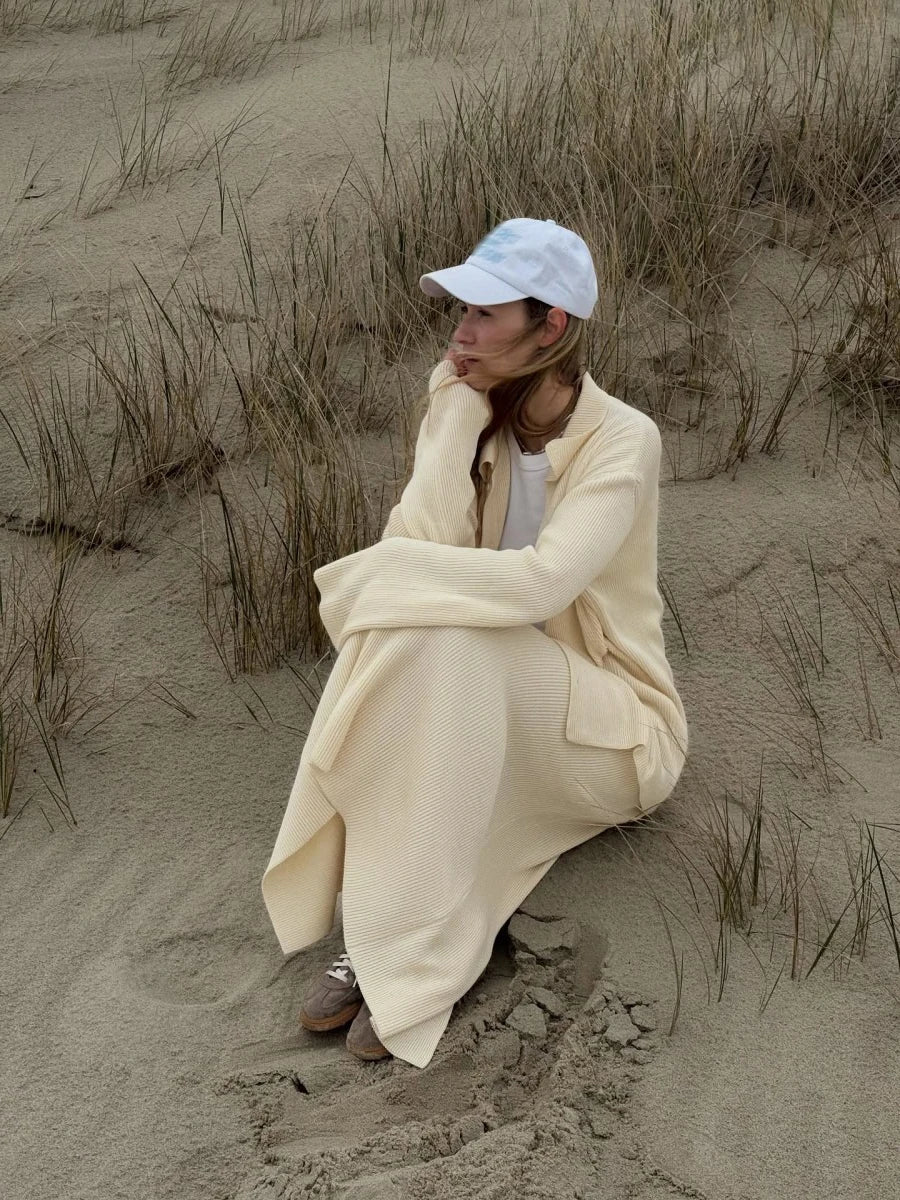 Women Knitted Outfits Casual Long Sleeve Lapel Sweater Cardigan+Loose Maxi Skirt Outfits 2025 Autumn Winter Two Piece Set