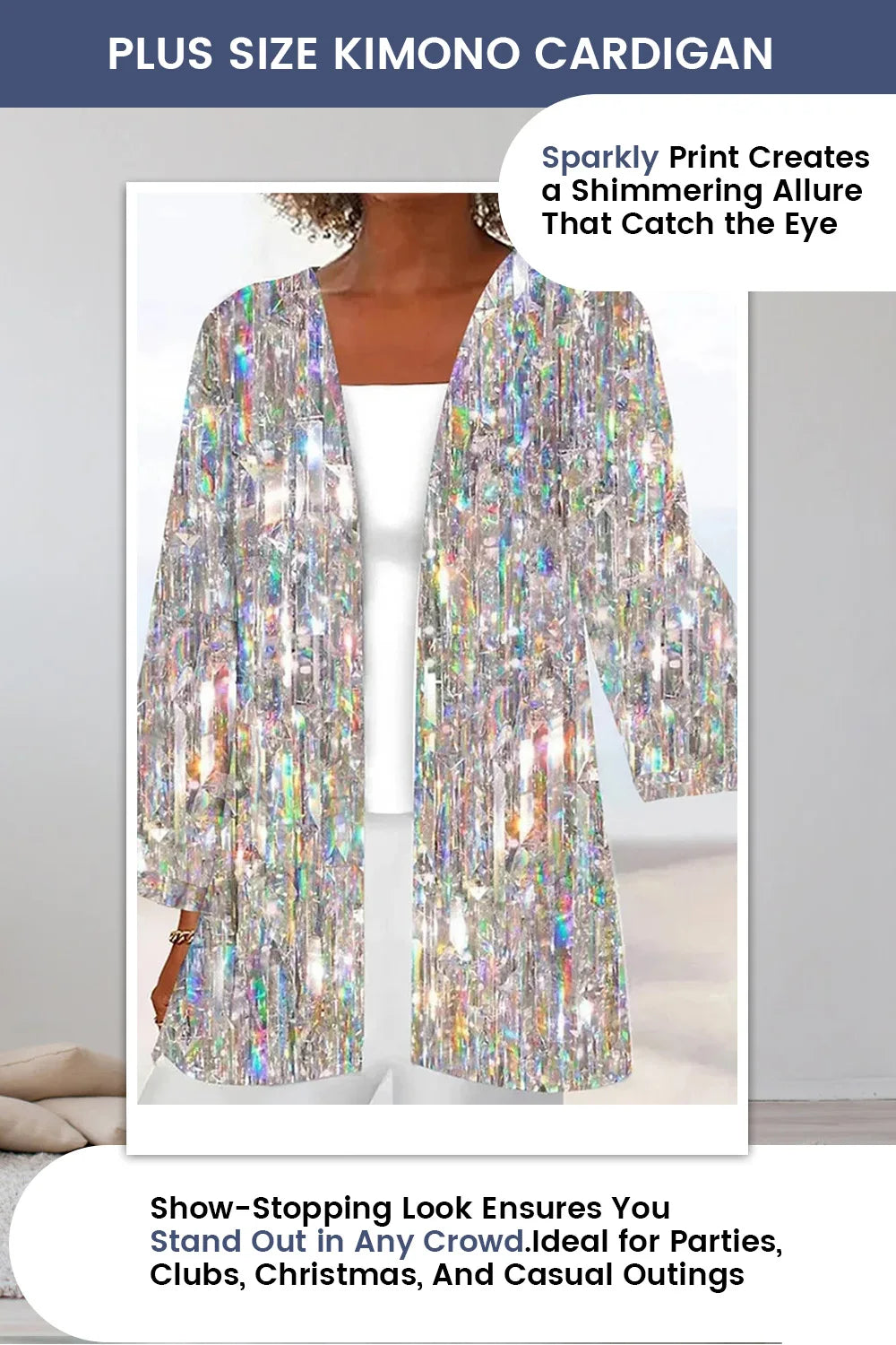 Flycurvy Plus Size Christmas Silver Sparkly Texture Print Kimono Cardigan