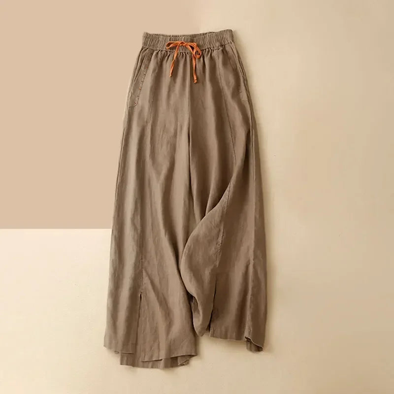 Gray Cotton Linen Casual Elastic High Waist Loose Wide Leg Women's Pants Ankle-Length Pants For Women Clothing 2025 Fashion