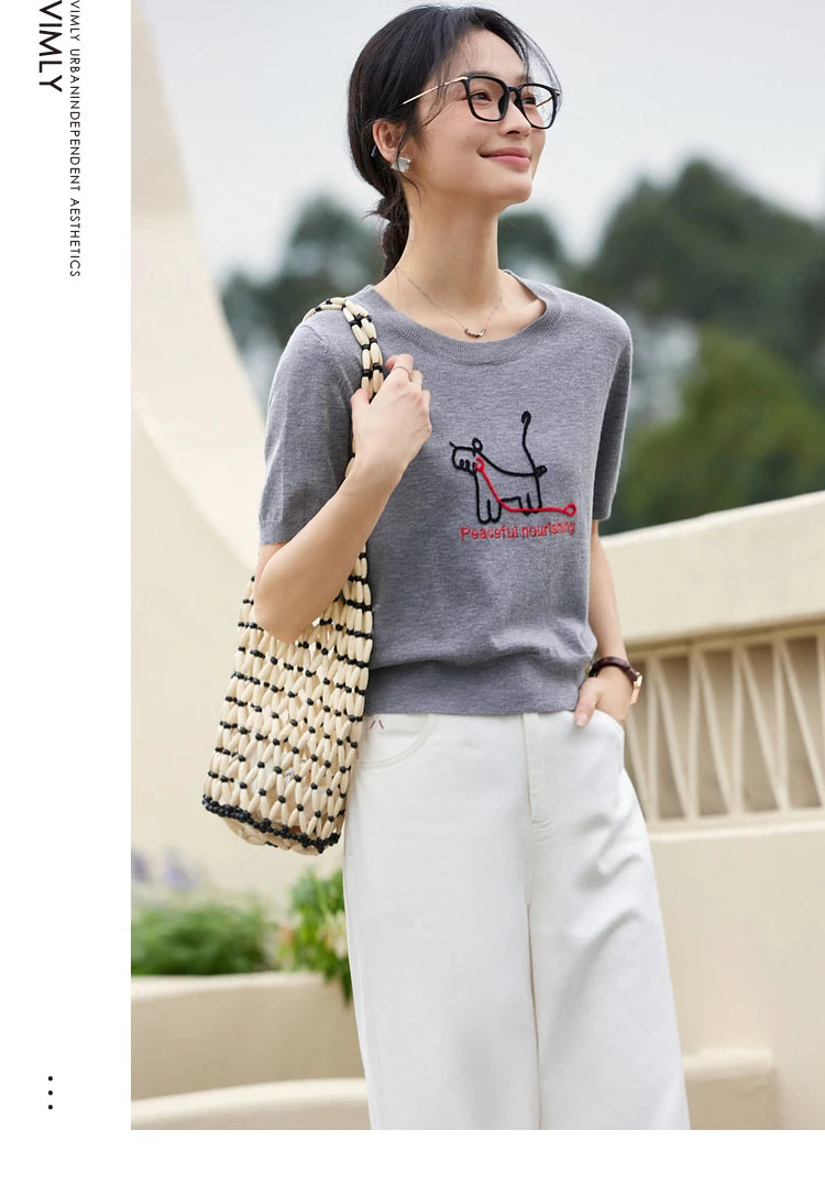 VIMLY Women's Summer Knit Tops Knitwear Fun Puppy Embroidered Short Sleeve T-Shirt 2025 Casual Crew Neck Knitted Sweater 75021