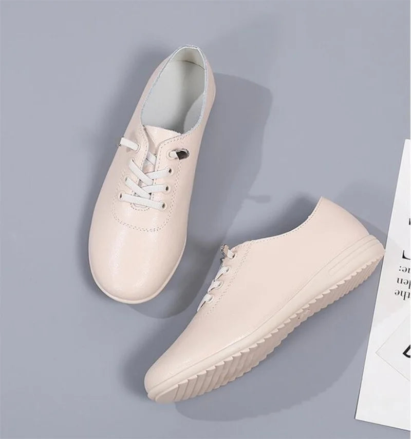 Female Ladies Women's Genuine Leather Flats Shoes Loafers Soft Moccasins Lace Up Comfortable