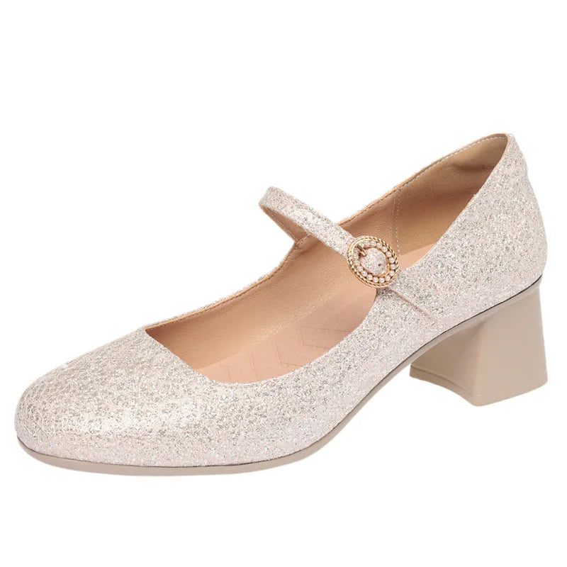5cm Breathable Comfortable Shallow Glod Bling Wedding Shoes Women Pumps 2025 Trend Spring Med Block Heels Shoes for Office Model