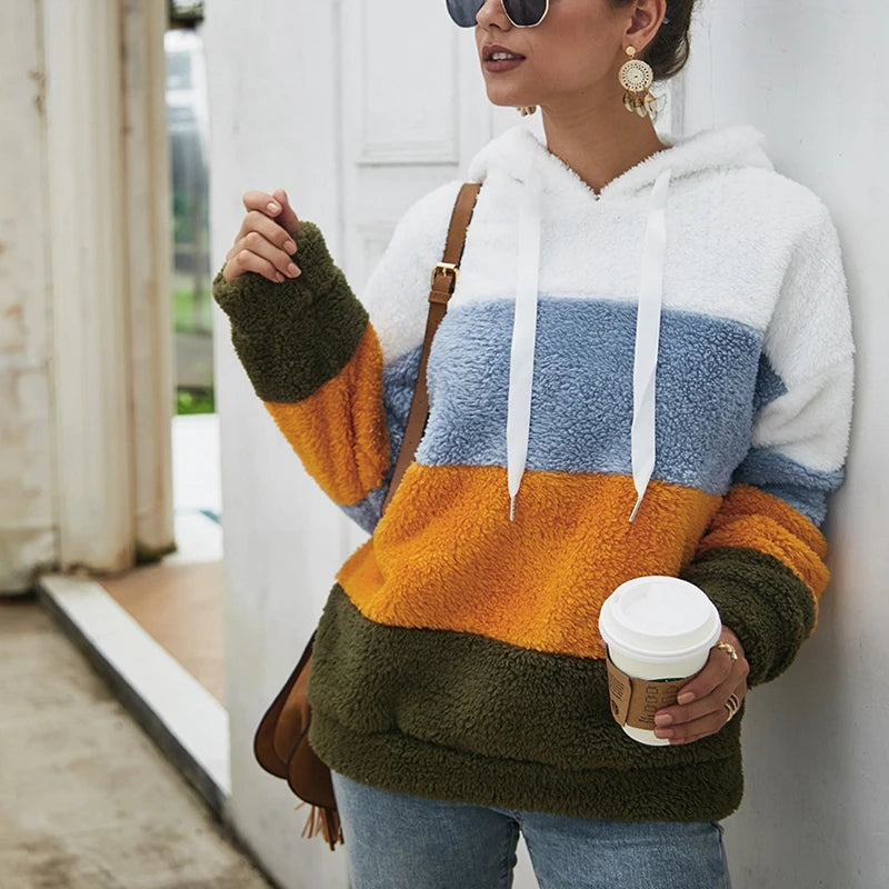Autumn and winter new plus size women's hoodies fashion stitching striped plush casual coat.
