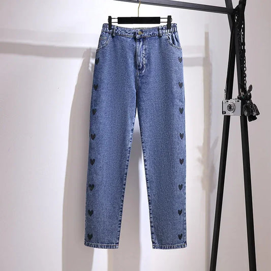 Love Heart Denim Pants Women High Waist Washed Jeans Pocket Spring Summer Casual Trousers 2024 Baggy Work Jean Women Vintage