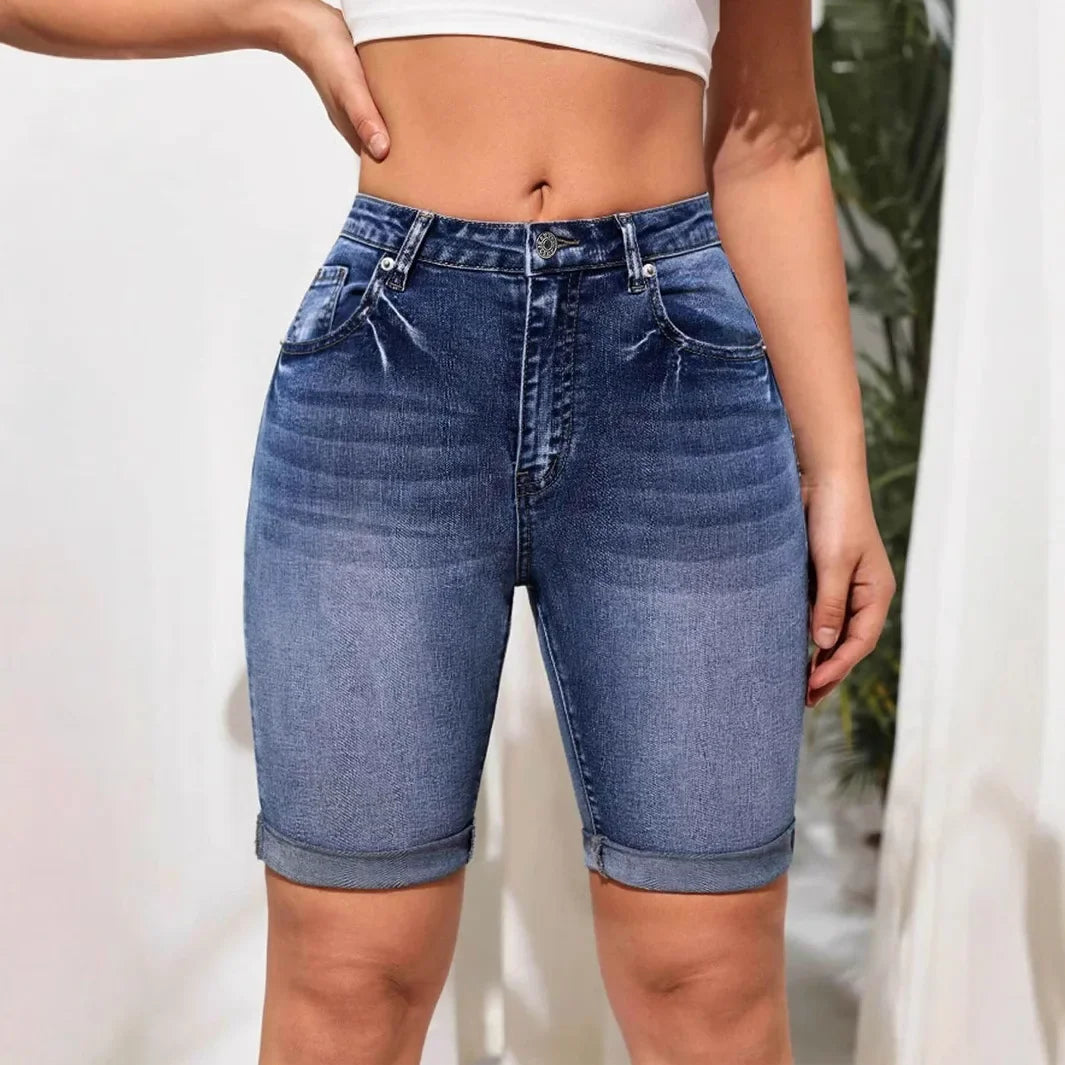 Women Jeans Denim short Knee Length High Waist Stretch Distressed Washed Skinny Straight Short Pants 2025 Summer Streetwear