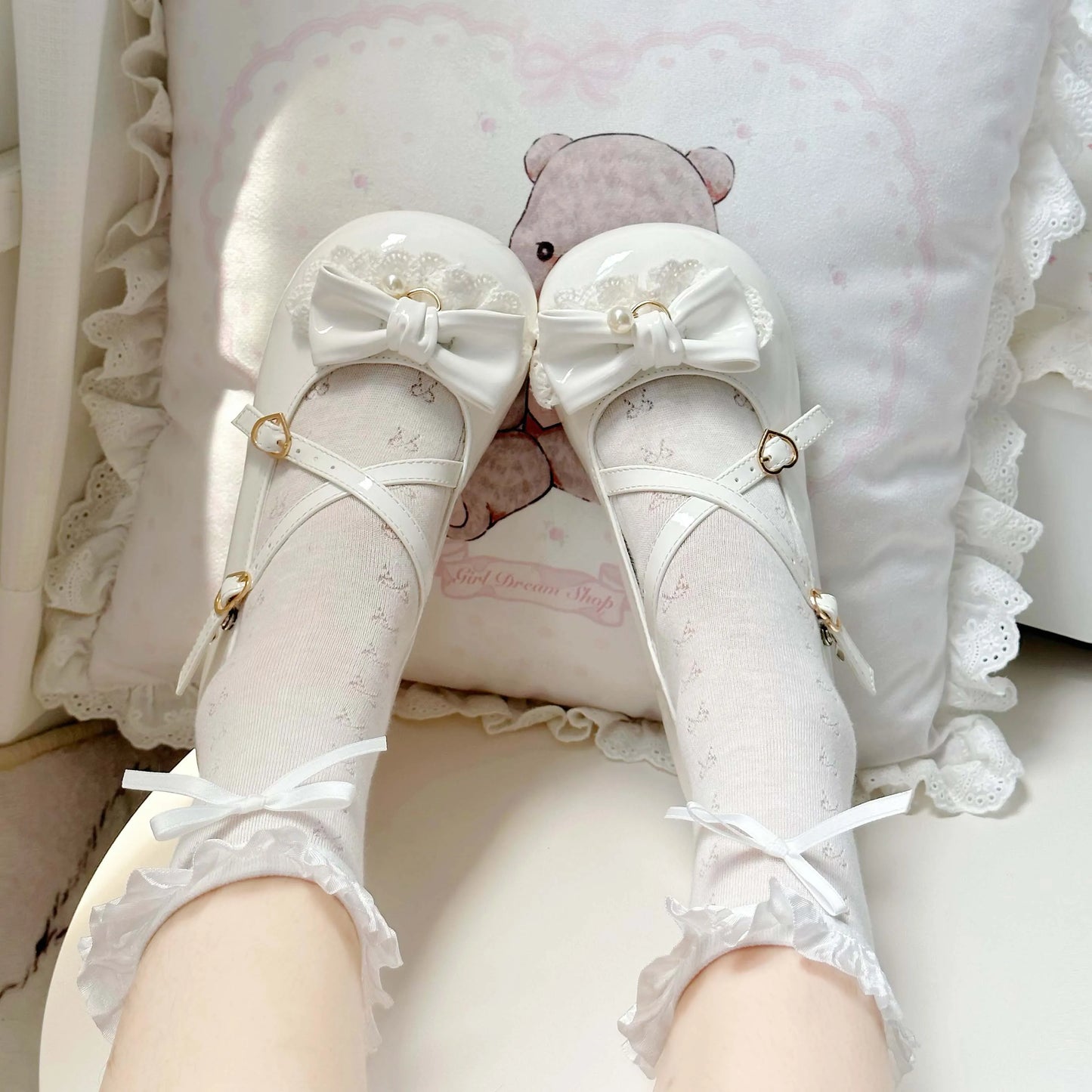 Original Soft Girls Lolita Kawaii Pink Mary Jane Shoes Autumn New Sweet Girl Cute Bow Flats Shoes Lo Tea Party Low Heel Pumps