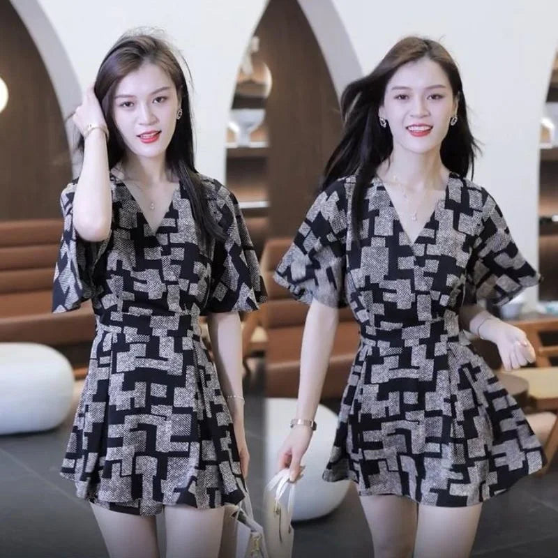 Women's Fashion Print Suit 2024 Summer New Western-style Long Tops Shirts And Shorts Two Piece Sets For Women Plus Size Clothing