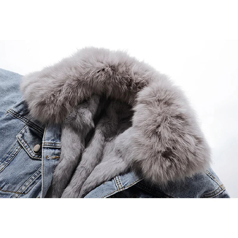 Autumn Winter Natural Fox Fur Collar Removable Rabbit Fur Liner Denim Jacket Coat Women Loose Hem Split Fork Jeans Jacket Female