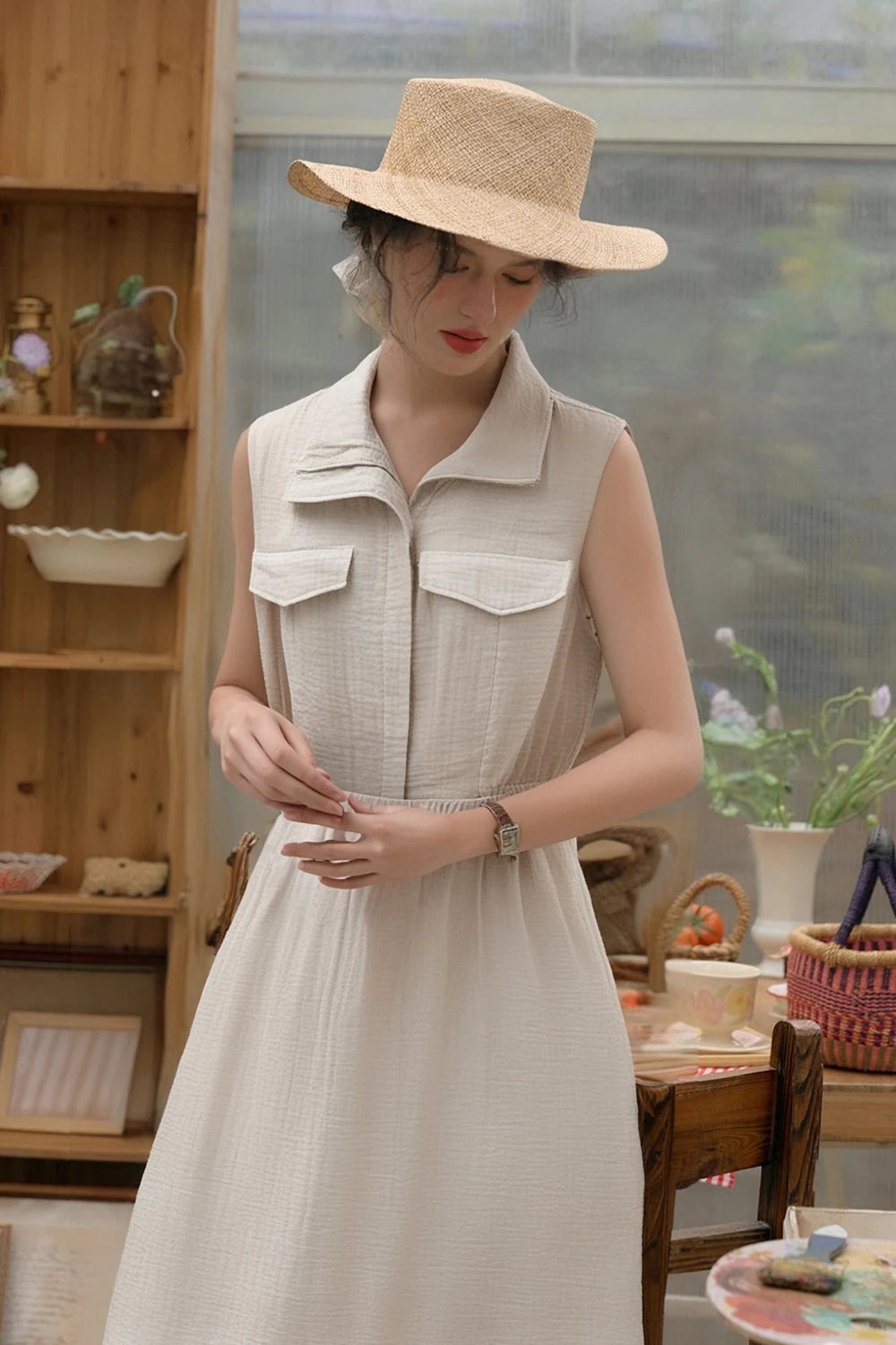 VIMLY Women Office Lady Vest Dress 2025 Summer Casual Sleeveless Lapel Dress Simple Elegant Style Commuter Sundress with Pockets