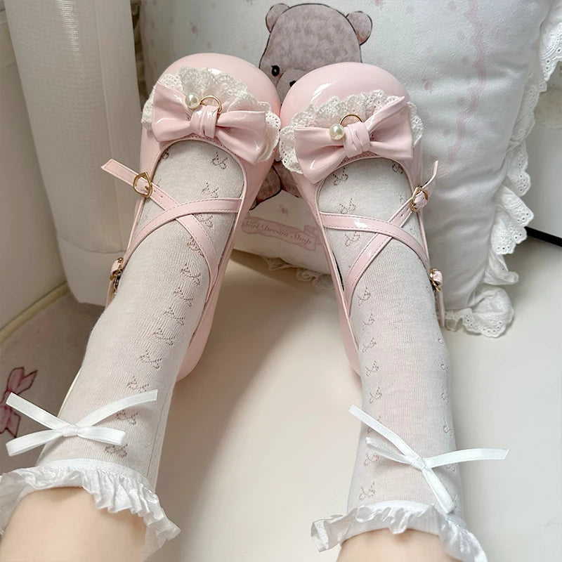 Original Soft Girls Lolita Kawaii Pink Mary Jane Shoes Autumn New Sweet Girl Cute Bow Flats Shoes Lo Tea Party Low Heel Pumps
