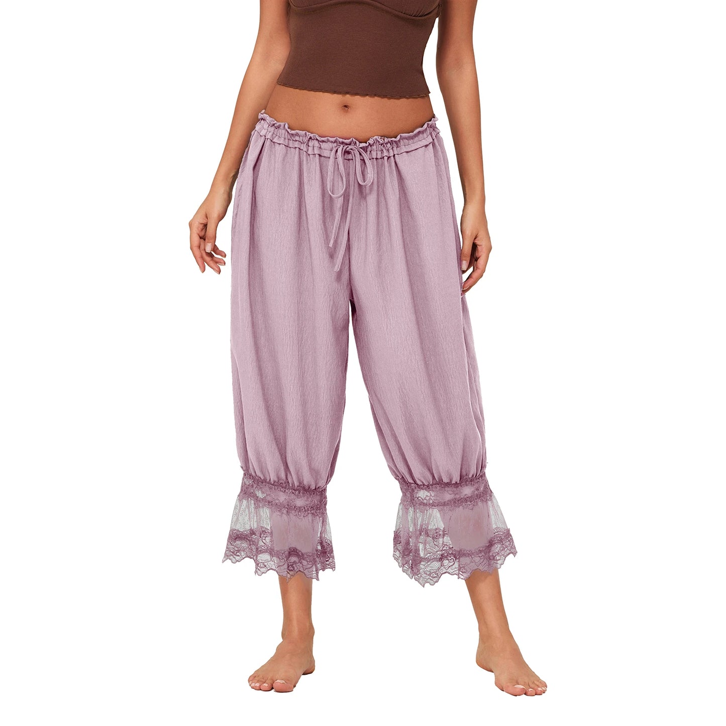 Womens Y2K Vintage Drawstring Cropped Pants Loose Fit Mid Rise Patchwork Lace Casual Lantern Bubble Pants Trousers Streetwear