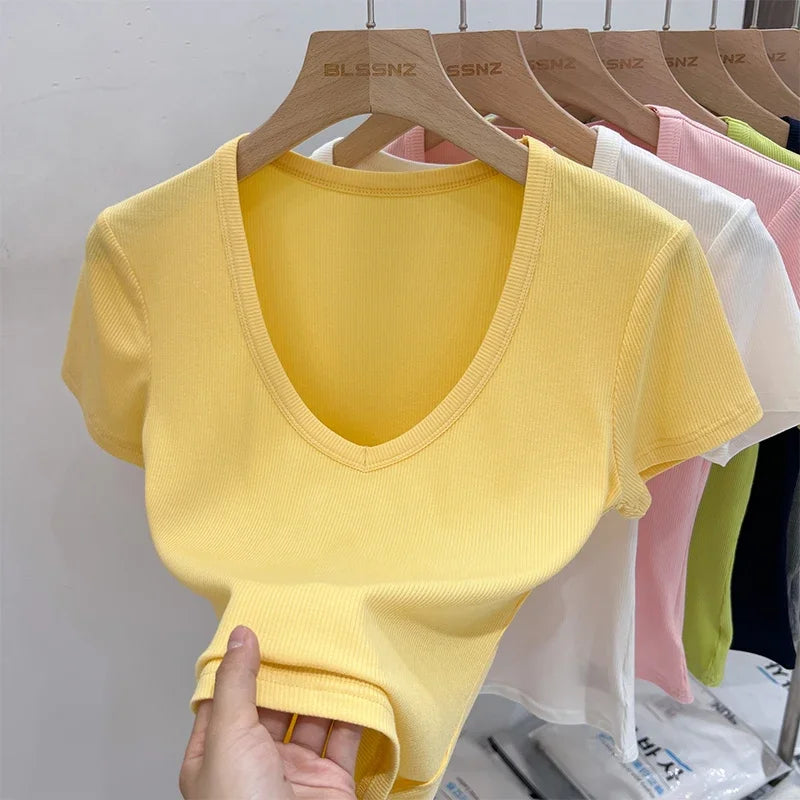 2025 Female Y2K Tops Clothes Summer Sexy Basic Crop Top Women Ribbed Short Sleeve T-shirts Casual V-Neck Solid Slim Fit Tee