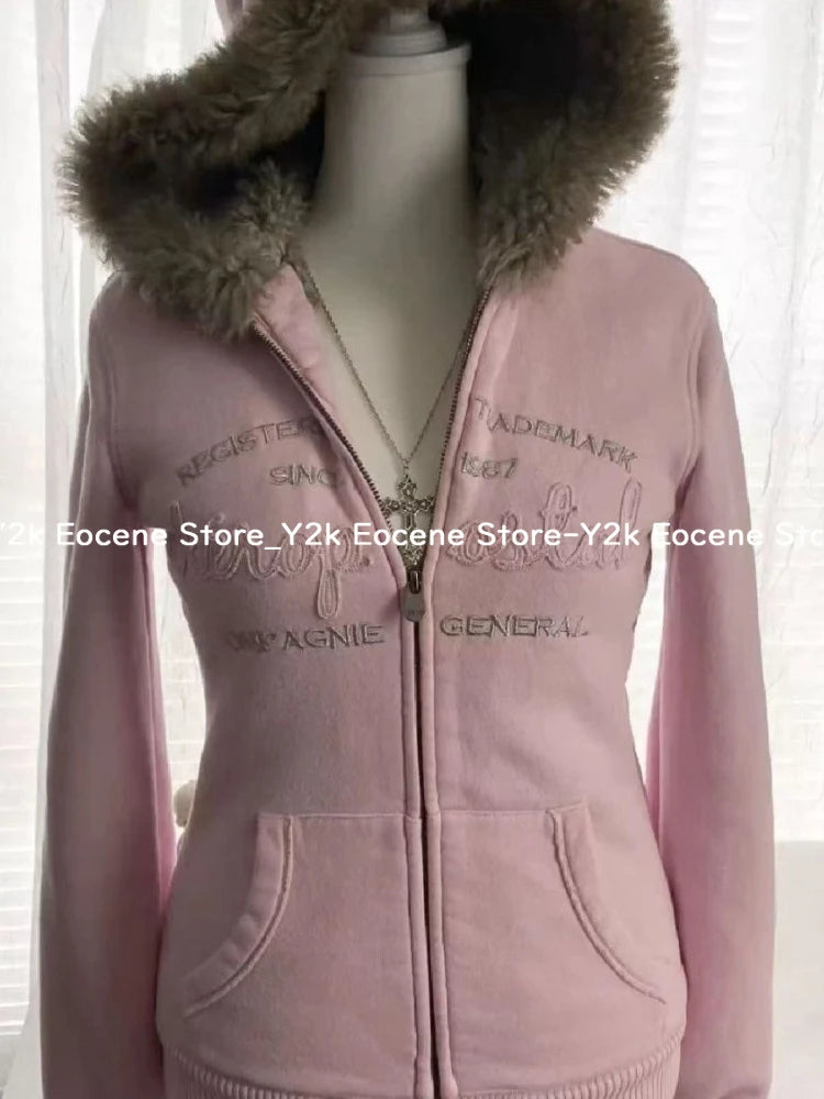 Vintage Letter Fur Collar Hooded Sweatshirt Autumn Winter Zipper Y2K Retro Fleece Jacket Harajuku Embroidery Plush Dark Fashion