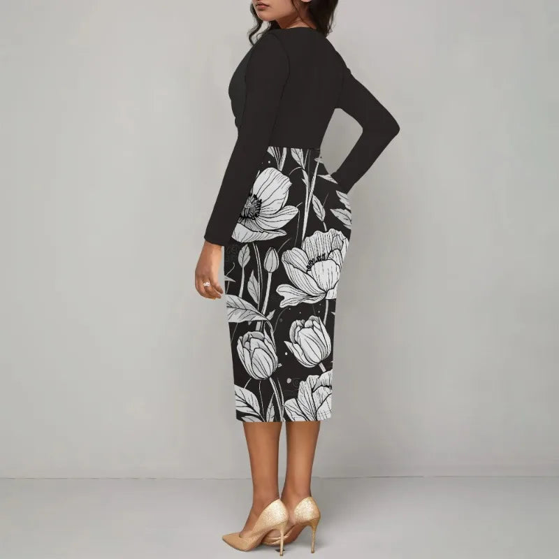 Womens Midi Dresses Church Dresses Long Sleeve Bodycon Cowl Neck Pencil Dress