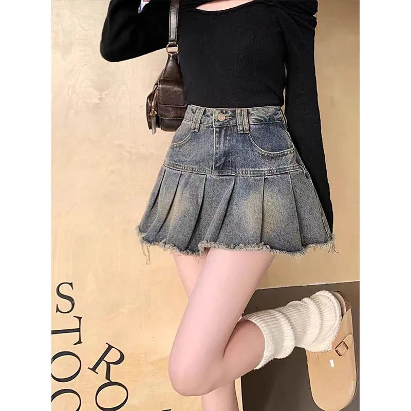 High-Waisted Vintage Patchwork Fringe Design Sensibility Slimming Denim Mini Dress For Women Summer Style A- Line Mini Skirt