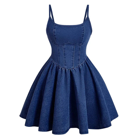 Fresh and Sweet Ladies Denim Slim-fit Halter Dress. Summer New Girlish Wind Casual Lovely Solid Color Denim Patchwork Dresses