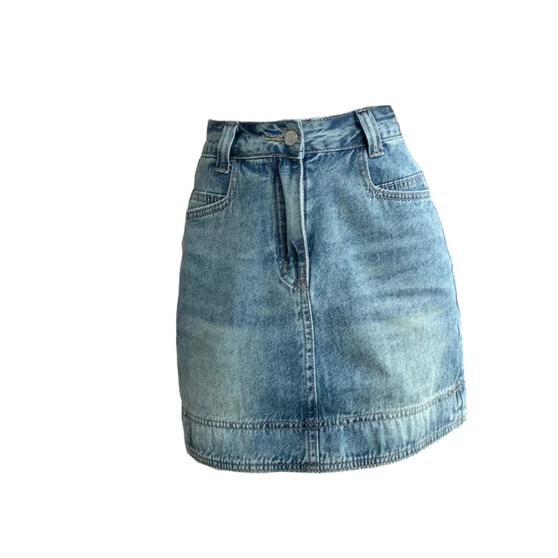 Y2K 2025 Summer Women's Jeans Skirt - Light Blue High Waist Denim Bodycon Mini Skirt with Lining Clubwear 2497
