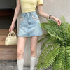 2025 Trend Women's Y2K Jeans Skirt - Dongdaemun Style Chain Detail High Waist Blue Denim A-Line Skirt Slimming Versatile 2682