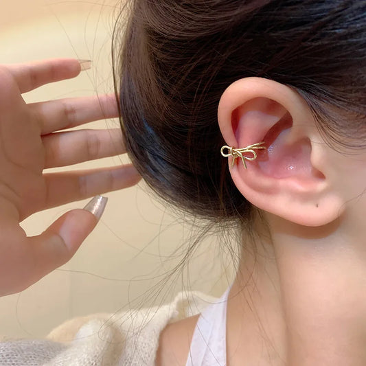 Bowknots Clip on Cuff Earrings - Hollow Heart, Silver or Gold