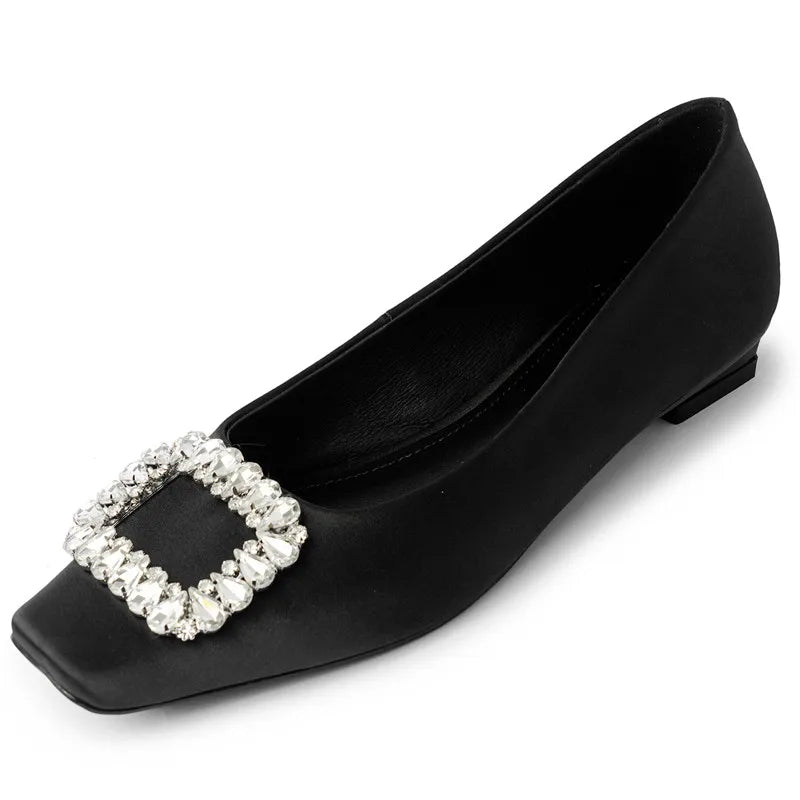 Drestrive 2025 Elegant Women's Pumps Cow Leather Crystal Knot Square Toe Thick Low Heels Handmade Summer Shoes