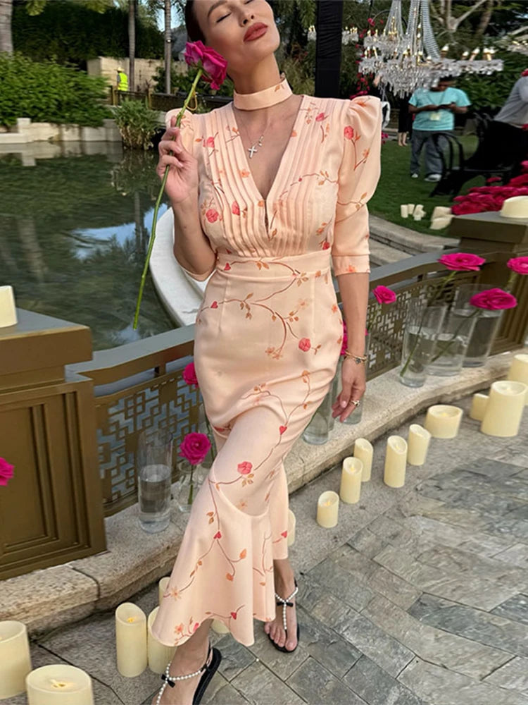 Print Deep V Shoulder Pad Long Dress Women Elegant Short Sleeve Waist Cinching Hip Package Sheath Party Dresses New Summer Robes