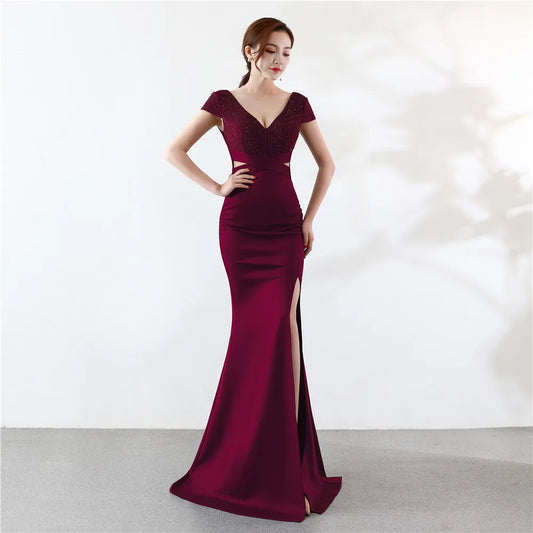 Customized  Cap Sleeve V Neck Cross Waist Side Slit Backless Dress Cocktail Party Evening Gowns For Women