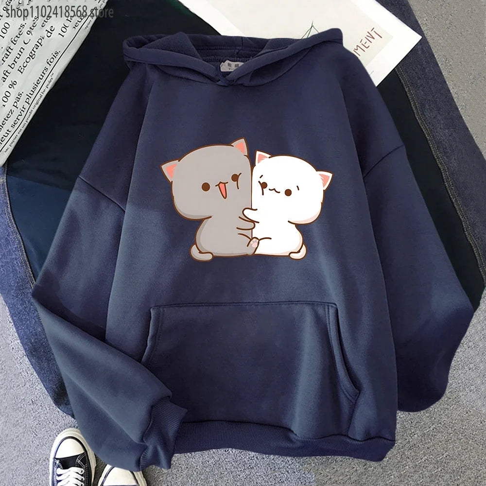 Kawaii Cat Hoodie Peach Funny Cute Sweatshirts Cartoon Print Clothing Women Aesthetic Spring Winter Pink Top Girls Hooded Female