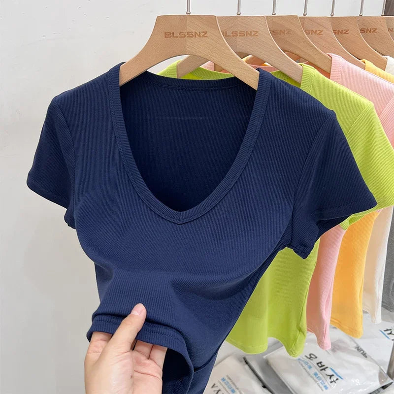 2025 Female Y2K Tops Clothes Summer Sexy Basic Crop Top Women Ribbed Short Sleeve T-shirts Casual V-Neck Solid Slim Fit Tee