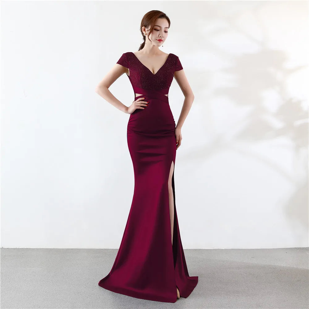 Customized  Cap Sleeve V Neck Cross Waist Side Slit Backless Dress Cocktail Party Evening Gowns For Women