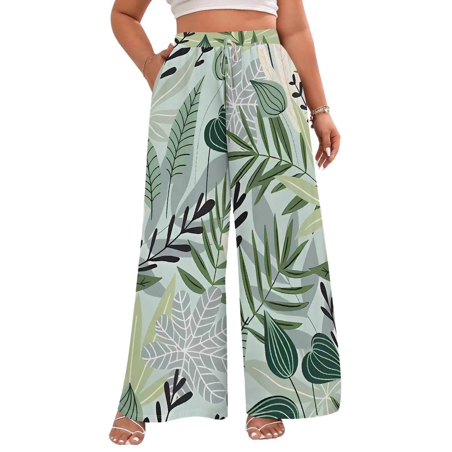 Nupusa Tropical Leaf Print Wide Leg Pants for Women Standard Size Summer Casual Drawstring Waist Trousers