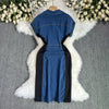 French Senior Sense Temperament Pack Hip Slit Dress. Summer Design Sense Spell Color Button Adornment Short-sleeve Denim Dress