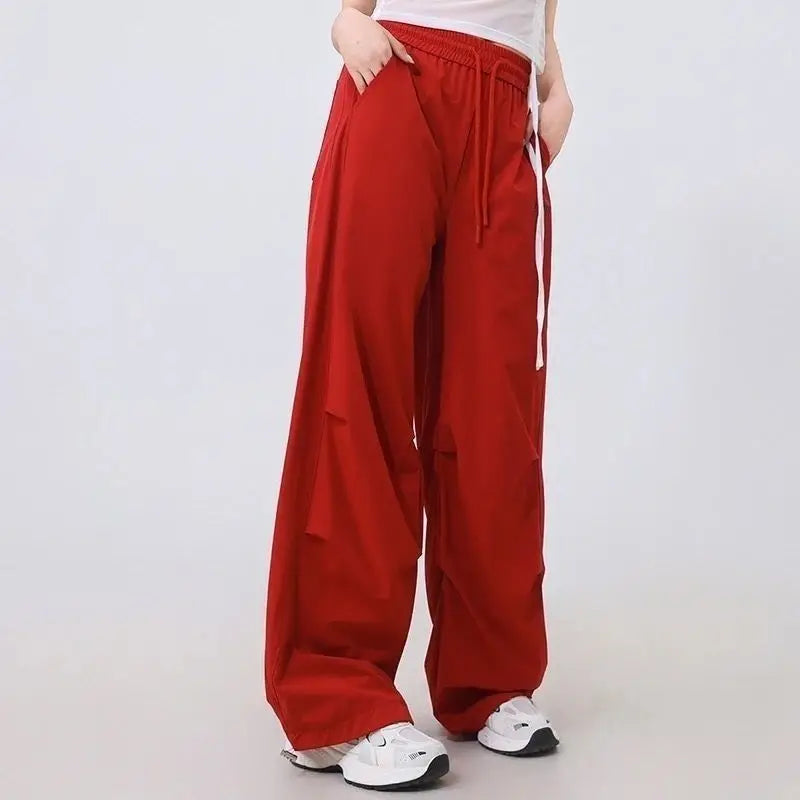 Fashion Printed Letter Spliced Pockets Casual Pants Female Clothing 2025 Spring Summer New Loose Elastic High Waist Cargo Pants