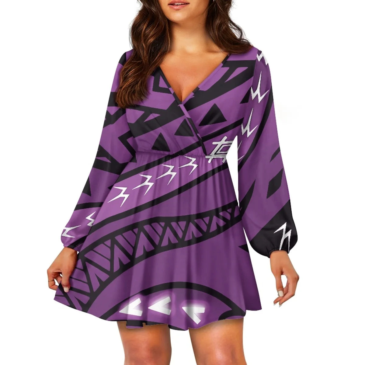 Teal Polynesian Tribal Design V Neck Dress Samoa Puletasi Plus Size Women's V Neck Dress Custom Island Style