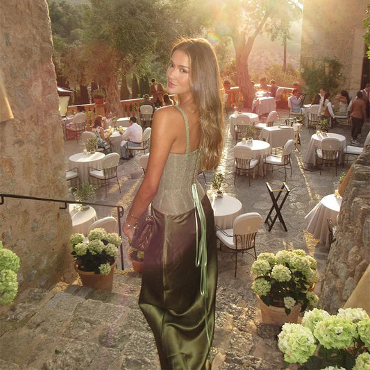 Elegant Women Summer Party Dresses Sets 2 Pieces Lace High Waist Lace Up Spaghetti Strap Top Satin Zipper Party Skirt Outfits