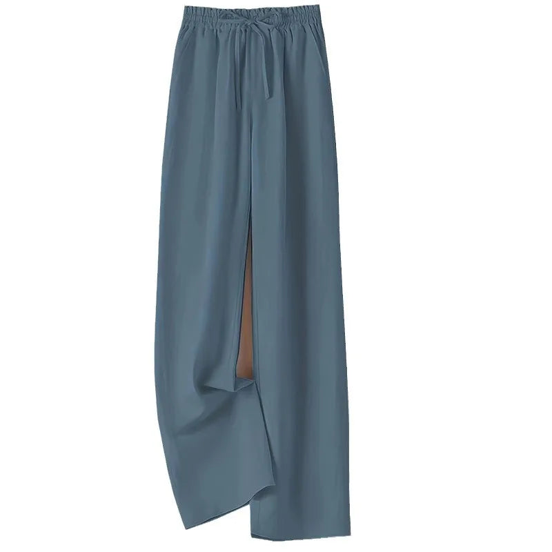 Cotton Linen Casual Wide Leg Pants Women's Summer Fashin Elastic Waist Solid Color Simple Basic Straight Trouser Female Clothes