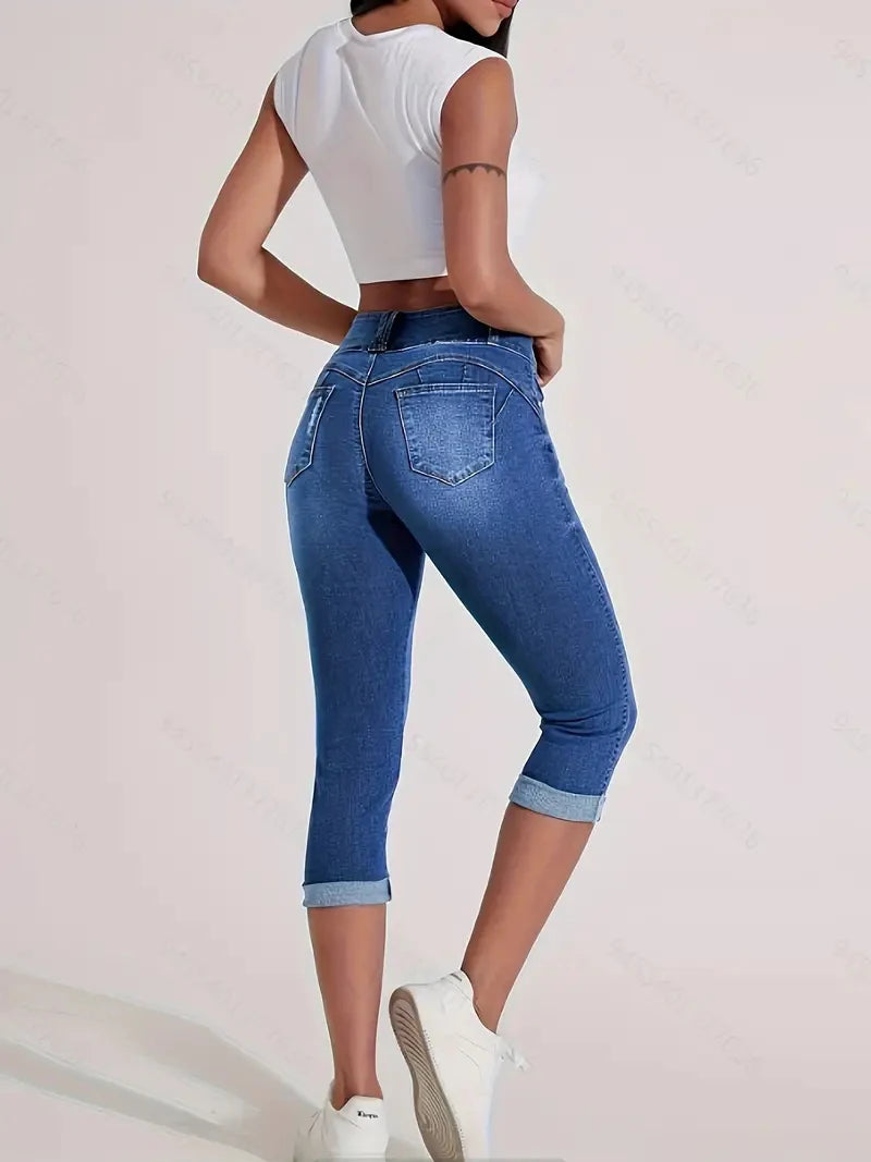 ZMTUO Women's Denim High waisted Capris Rolled Hem Double button Skinny Fit Trendy Casual Summer Essential Jeans