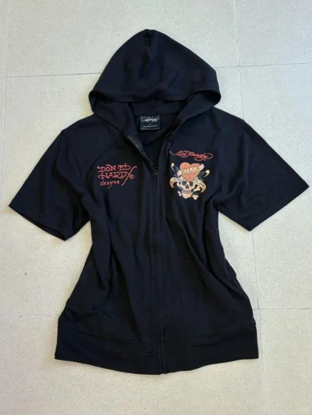 Summer Short sleeved Hoodie Zipper Gyaru Subculture 2000s Streetwear Hooded Hip Hop Y2k Clothes Grunge Harajuku Hot Girl Blouse