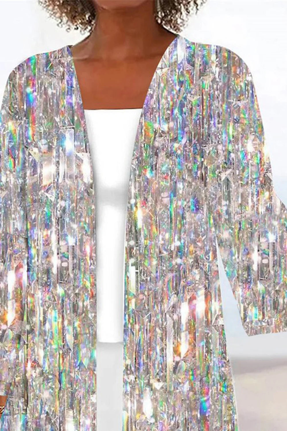 Flycurvy Plus Size Christmas Silver Sparkly Texture Print Kimono Cardigan