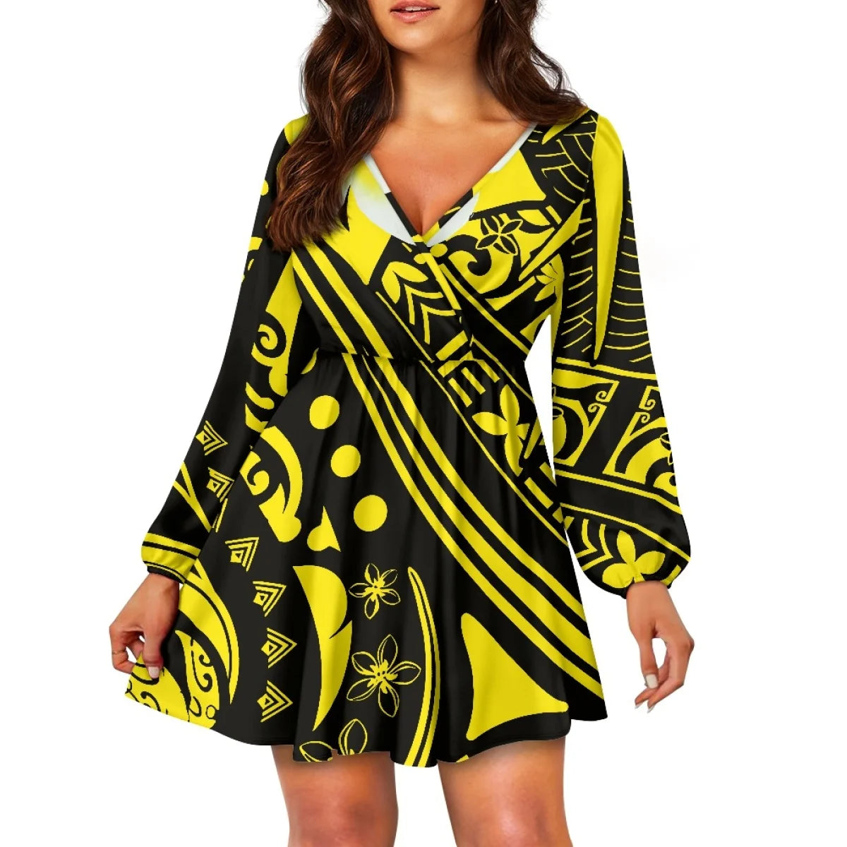 Teal Polynesian Tribal Design V Neck Dress Samoa Puletasi Plus Size Women's V Neck Dress Custom Island Style