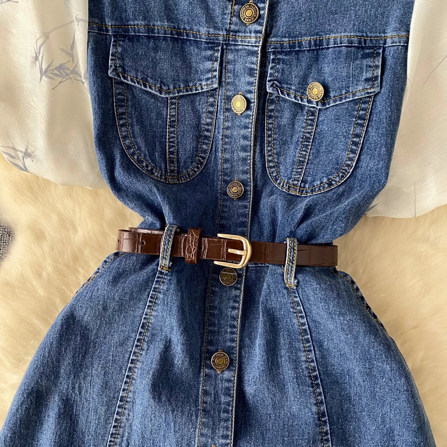 Short-sleeved Single-breasted Denim Dress.Women's Summer New Style Design Sense Square Collar Bubble Sleeve Splicing Long Dress